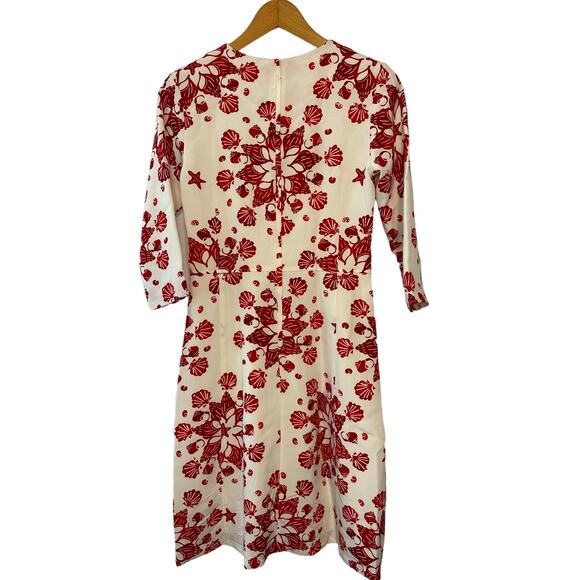 Samantha Sung Red & Ivory 100% Silk Printed Midi Dress with 3/4 Sleeves Size 2 - Picture 5 of 11